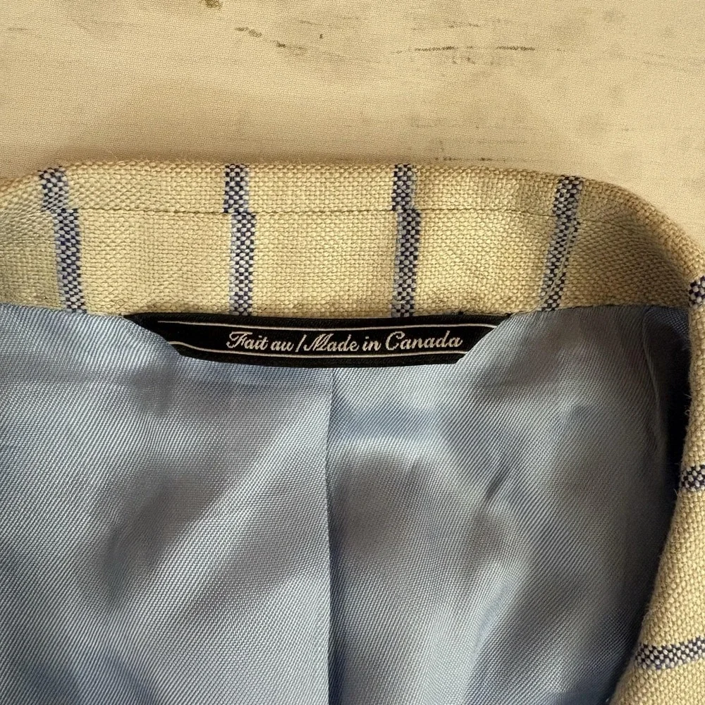Patrick James Reserve Blazer Sport Coat Mens 44 Beige Stripe Wool Silk Linen